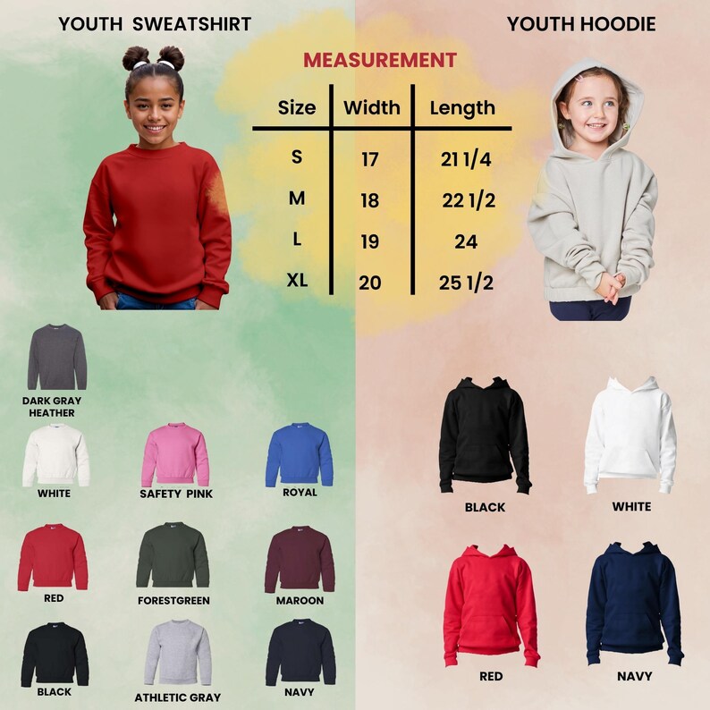 May include: A display of youth sweatshirts and hoodies in various colors, including red, black, and navy. The image includes a measurement chart with sizes ranging from S to XL, with widths from 17 to 20 inches and lengths from 21 1/4 to 25 1/2 inches.