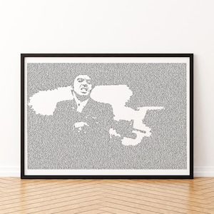 May include: Black framed art print featuring a grayscale image of a man in a suit. The image is composed of small text, creating a unique visual texture. The man is in a dynamic pose, with a white background highlighting his form. The artwork is displayed on a wooden floor.