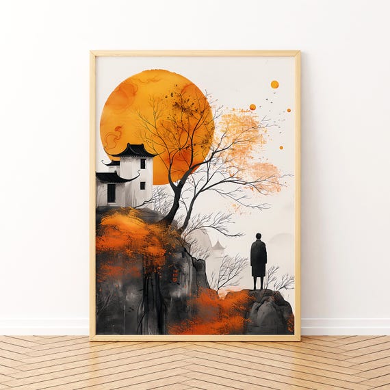 Zen Landscape Wall Art Asian Ink Painting Orange Sun Minimalist