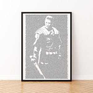 May include: A framed black and white print of a man in armor, created from a pattern of small text. The artwork depicts a gladiator holding a sword, with a detailed rendering of his attire and physique. The print is displayed on a wooden floor.