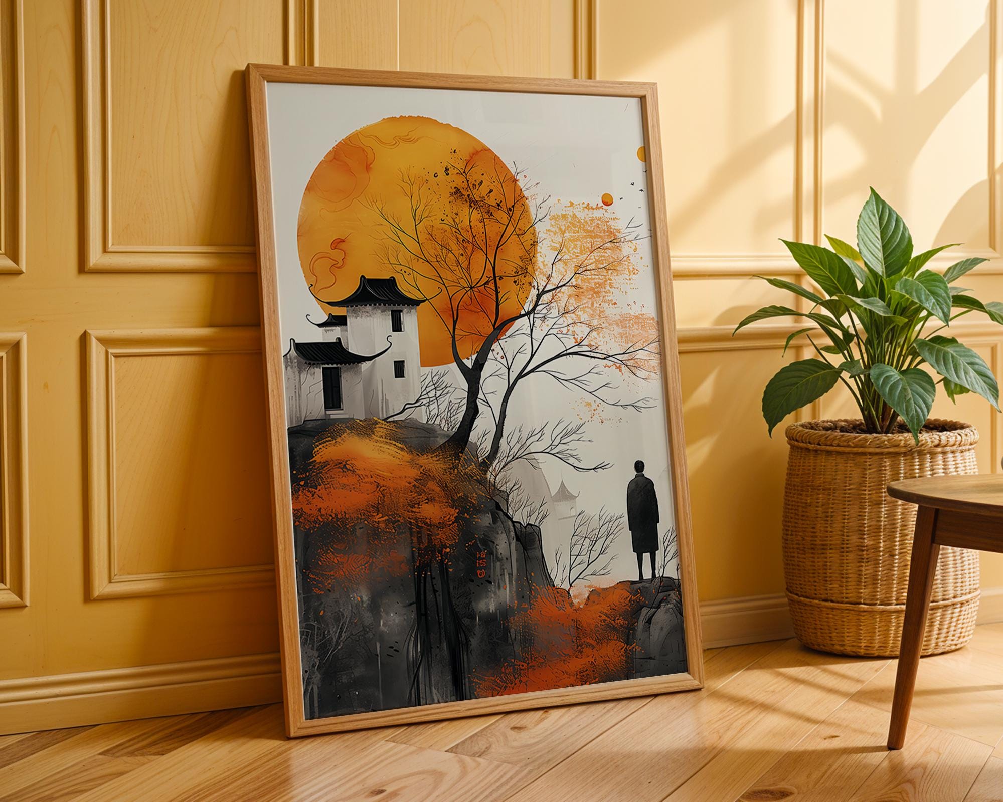 Zen Landscape Wall Art Asian Ink Painting Orange Sun Minimalist