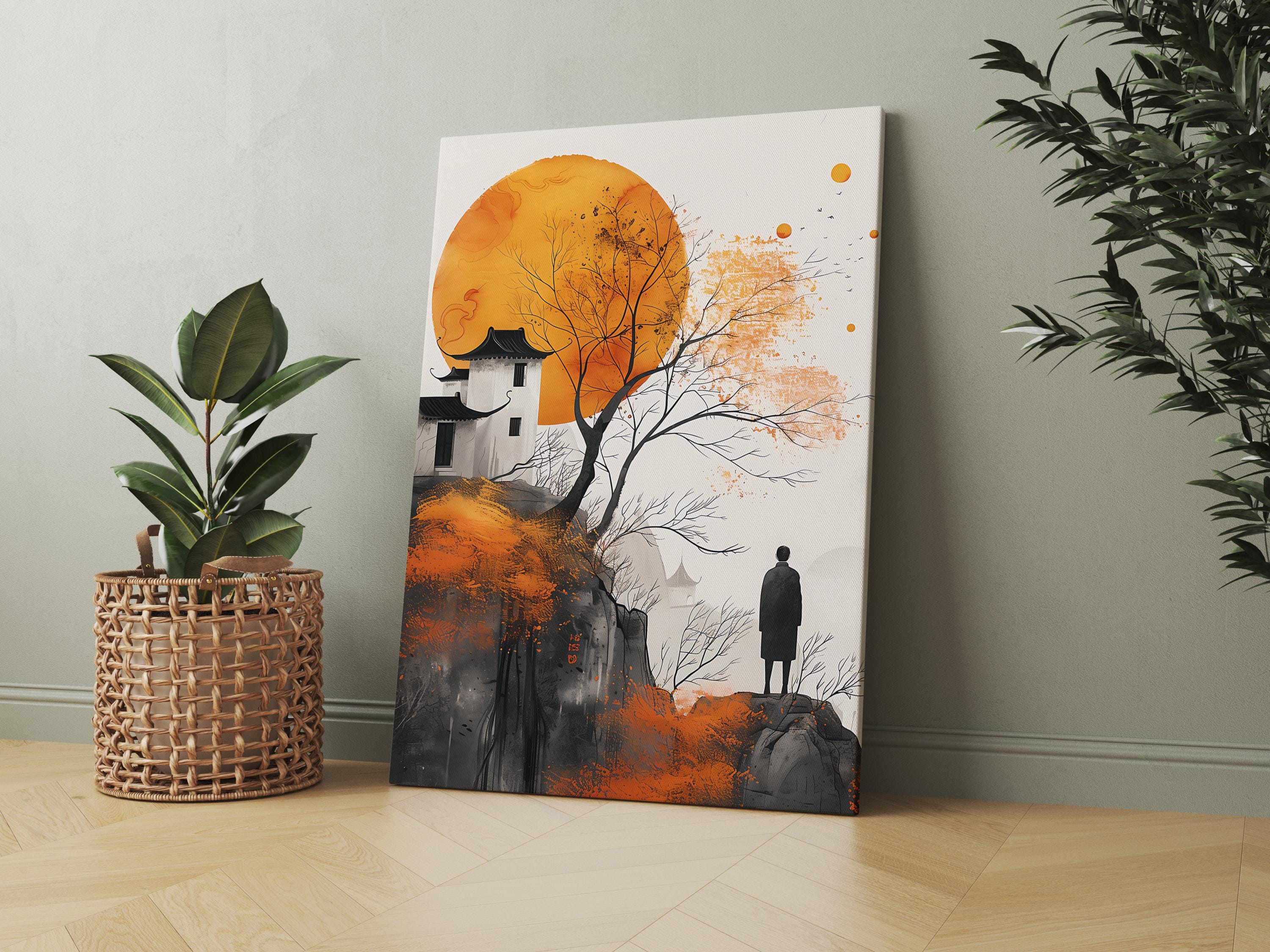 Zen Landscape Wall Art Asian Ink Painting Orange Sun Minimalist