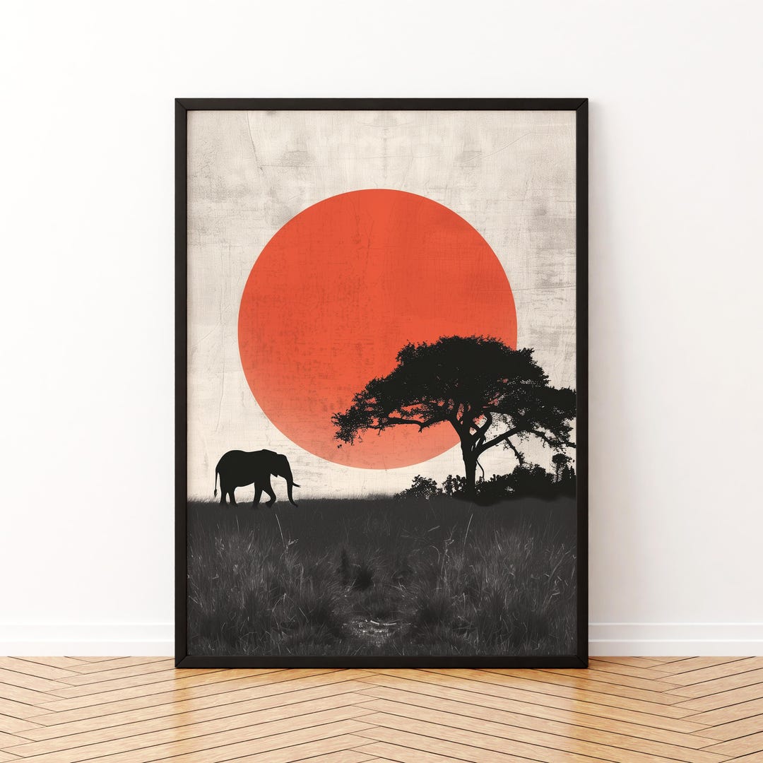 African Sunset Elephant Wall Art Minimal Safari Landscape Canvas Print ...