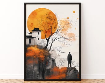 クンストラーゼン モンドリアン Soak Up Art When You Can Zen Landscape Wall Art Asian Ink Painting Orange Sun Minimalist