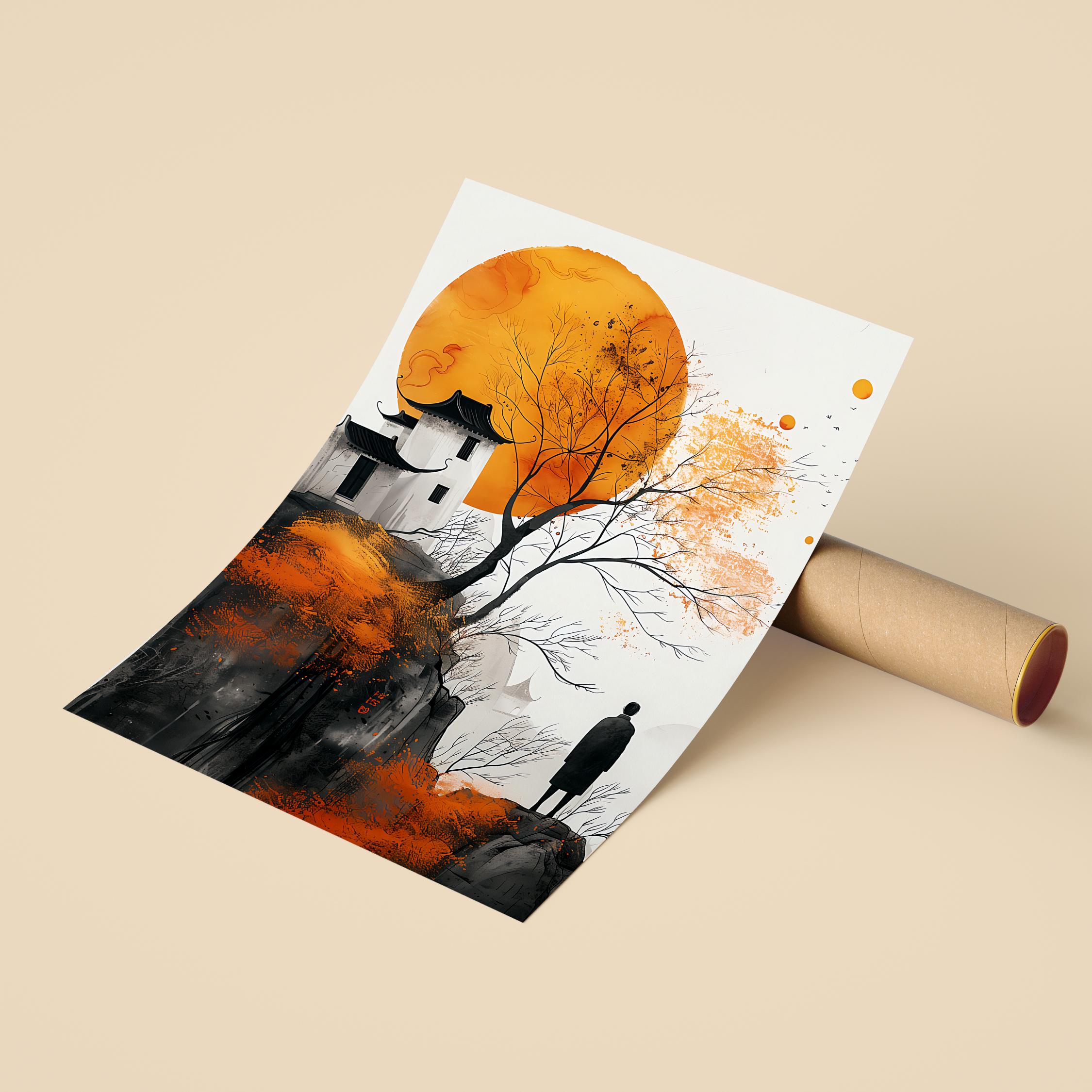 Zen Landscape Wall Art Asian Ink Painting Orange Sun Minimalist