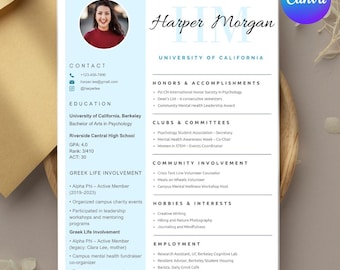 College Resume Template, Student Resume Template in Canva, Editable Cover Letter, Modern Instant Download
