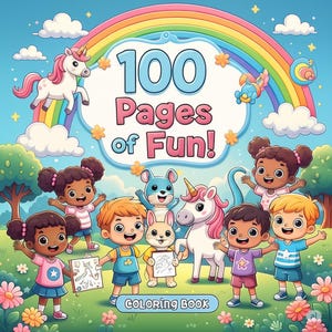 May include: A colorful coloring book cover with the text "100 Pages of Fun!" above a "Coloring Book" banner. The image features a rainbow, unicorns, cartoon children, and other cute characters in a whimsical outdoor scene.