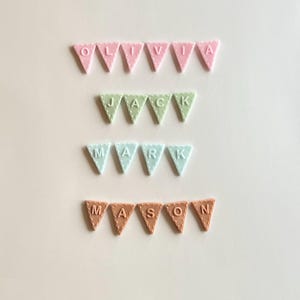 May include: Four rows of pastel-coloured triangular pennants, each spelling a name: Olivia, Jack, Mark, and Mason. The pennants are pink, green, blue, and orange, with white lettering and a stitched border. The background is plain white.