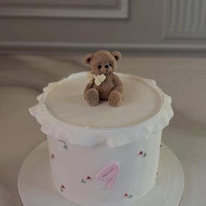 Pu&ograve; includere: Una torta bianca con un orsetto in cima e il numero 9 rosa. La torta ha un bordo a balze ed &egrave; decorata con piccoli fiori rosa e foglie verdi. L'orsetto &egrave; marrone con un fiocco color crema.