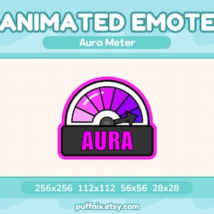 Könnte beinhalten: Eine animierte Emote-Grafik mit einer halbkreisförmigen Anzeige mit einer violetten Verlaufsskala und einem schwarzen Zeiger, der nach rechts zeigt. Unter der Anzeige befindet sich ein dunkelgrauer Balken mit dem Wort AURA in pinken Buchstaben.