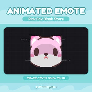 Puede incluir: Un emote animado que muestra un zorro rosa con una mirada perdida, ojos grandes y oscuros y una nariz pequeña. El gráfico incluye el texto ANIMATED EMOTE, Pink Fox Blank Stare, PUFFNIX, 256x256 112x112 56x56 28x28 y la URL puffnix.etsy.com abajo.