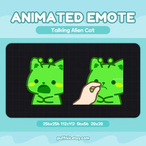 May include: An animated emote titled Talking Alien Cat featuring a bright green feline character with antennae. The graphic shows the cat with an open mouth and then with a hand pinching its mouth shut. Text includes ANIMATED EMOTE and sizes.