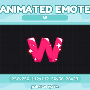 Può includere: Grafica di emote animata con la lettera "W" rosa acceso e dettagli di stelle bianche. Il testo "ANIMATED EMOTE" e "W" sono in alto. L'immagine include le dimensioni e l'URL del negozio Etsy.