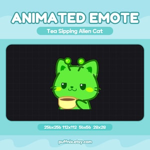 Animated Tea Sipping Alien Cat Emote | Cozy Relaxing Reaction Meme | Twitch Discord Kick YouTube Stream GIF