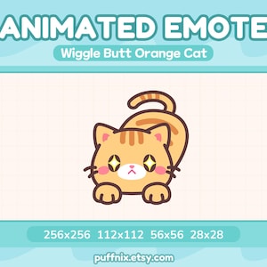 Op de afbeelding: Een geanimeerde oranje cyperse kat-emote met stervormige ogen en een kwispelende staart. De afbeelding bevat de tekst ANIMATED EMOTE, Wiggle Butt Orange Cat, de afmetingen 256x256, 112x112, 56x56, 28x28 en de URL puffnix.etsy.com onderaan.