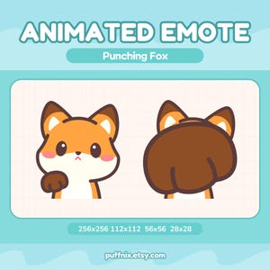 Pode incluir: Um emote animado apresentando uma raposa de desenho animado com pelo laranja, detalhes brancos e bochechas rosadas. A raposa é mostrada em duas poses: uma com uma pequena pata levantada e outra com um grande punho marrom socando para frente.