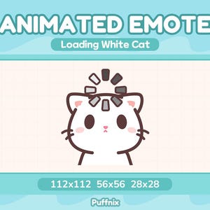 Può includere: Emote animata con un gatto bianco e un simbolo di caricamento. Il testo recita "ANIMATED EMOTE" e "Loading White Cat". Dimensioni: 112x112, 56x56 e 28x28.