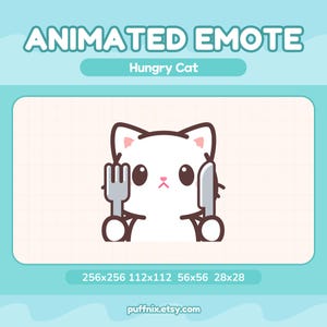 Könnte beinhalten: Ein animiertes Emote mit einer weißen Katze mit großen dunklen Augen, die eine graue Gabel und ein Messer hält. Der Text lautet ANIMATED EMOTE, Hungry Cat und 256x256 112x112 56x56 28x28. Hellblauer Hintergrund mit einem Gittermuster im Zentrum.