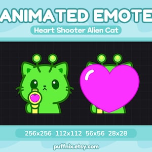 May include: An animated emote featuring a bright green alien cat with antennae, holding a small yellow blaster that shoots a large, vibrant pink heart. The graphic includes the text ANIMATED EMOTE, Heart Shooter Alien Cat, and 256x256 112x112 56x56 28x28.
