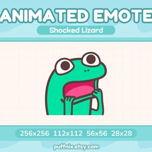 Peut inclure: Emote animé d'un lézard choqué, bouche grande ouverte et grands yeux. Le lézard est vert avec une bouche rose et est étiqueté "Shocked Lizard". L'image comprend des dimensions de taille.