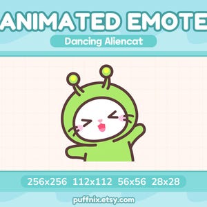 May include: Animated emote graphic of a dancing Alien cat in a green outfit. The image includes the text "ANIMATED EMOTE" and "Dancing Aliencat". The image dimensions are listed as 256x256, 112x112, 56x56, and 28x28.
