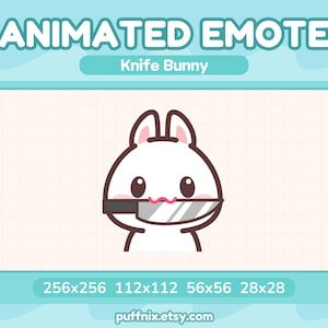 Puede incluir: Un emote animado que muestra un conejo blanco con orejas y mejillas rosadas sosteniendo un cuchillo plateado en la boca. El gráfico incluye el texto ANIMATED EMOTE, Knife Bunny y las dimensiones 256x256, 112x112, 56x56, 28x28.