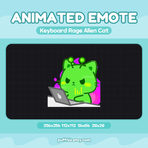 May include: An animated emote featuring a bright green alien cat with antennae sitting at a grey laptop. The text reads ANIMATED EMOTE, Keyboard Rage Alien Cat, and 256x256 112x112 56x56 28x28. The cat has an angry expression against a purple background.