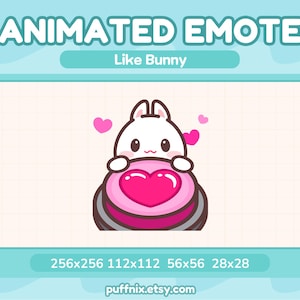 Könnte beinhalten: Ein animiertes Emote mit einem weißen Hasencharakter mit rosa Wangen, der ein großes, glänzendes rosa Herz hält. Der Hase ist von kleinen schwebenden rosa Herzen umgeben. Der Text lautet ANIMATED EMOTE, Like Bunny, und listet die Größen 256x256, 112x112, 56x56, 28x28.