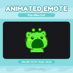 Op de afbeelding: Een geanimeerde emote met een felgroene alien-kat met twee antennes, grote donkere ogen en een wijd open mond. De afbeelding bevat de tekst ANIMATED EMOTE, Pop Alien Cat en de afmetingen 256x256, 112x112, 56x56, 28x28.