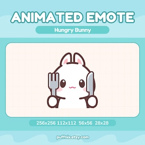 Könnte beinhalten: Ein animiertes Emote mit einem weißen Hasen mit rosa Wangen, der eine graue Gabel und ein Messer hält. Der Text lautet ANIMATED EMOTE, Hungry Bunny, 256x256, 112x112, 56x56, 28x28 und puffnix.etsy.com. Das Design verwendet eine hellblaue und weiße Farbpalette.