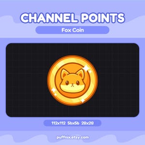 Peut inclure: Un graphique numérique représentant une pièce d'or avec une icône de visage de renard stylisé au centre. Le texte indique CHANNEL POINTS, Fox Coin, et 112x112 56x56 28x28. Le fond est violet clair avec une zone quadrillée sombre pour la pièce.