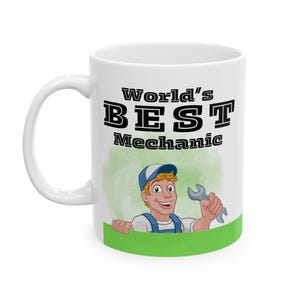 World&#39;s Best Mechanic Mug, Funny 11oz Ceramic Coffee Cup Gift for Auto Techs, Garage Workers, Car Lovers, Father’s Day or Birthday Drinkware