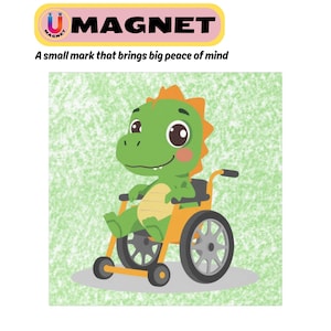Cute Dinosaur Wheelchair Sign Car Magnet for Kids Child Friendly Accessibility Parking Sign Green Smiling Dino