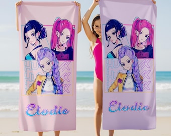 Personalized Huntrix Kpop Beach Towel,Mira Rumi Zoey Character Towel,Kpop Fan Birthday Gift for Kids,Girls Trip,Family Vacation Accessory
