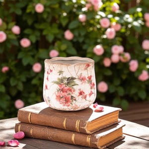 Könnte beinhalten: Dekorativer Keramik-Blumentopf mit einem floralen Muster in Rosa und Grün. Der Topf steht auf zwei antiken Büchern mit braunen Einbänden. Im Hintergrund ein grüner Busch mit rosa Rosen. Der Topf hat ein Vintage-Design.