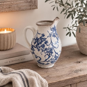 Könnte beinhalten: Ein Keramikkrug mit weißer Basis, blauem Blumenmuster und einem geschwungenen Henkel. Der Rand hat ein abgenutztes braunes Finish, und der Körper zeigt detaillierte blaue botanische Illustrationen von Blumen und Ranken auf der Oberfläche.