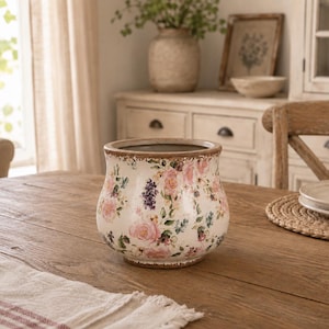 Könnte beinhalten: Ein runder Keramikübertopf mit cremefarbener Basis, verziert mit einem Blumenmuster aus rosa Rosen, grünen Blättern und kleinen violetten Blüten. Der Rand und der Boden haben ein bräunliches Antik-Finish, das Innere ist dunkelbraun.