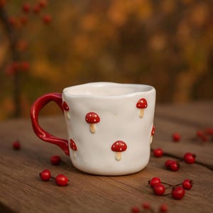 Könnte beinhalten: Ein weißer Keramikbecher mit unregelmäßiger, handgeformter Gestalt und glänzender Oberfläche. Die Außenseite ist mit kleinen, erhabenen rot-weißen Pilzmotiven verziert. Er verfügt über einen roten Henkel und ein glattes weißes Inneres.