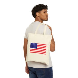 USA Flag Cotton Canvas Tote Bag, Eco-Friendly Grocery Tote, Beach Bag, Patriotic Gift, Reusable Shopping Bag