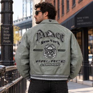 Men’s Genuine Leather Varsity Jacket Grey Embroidered Palace Letterman Coat