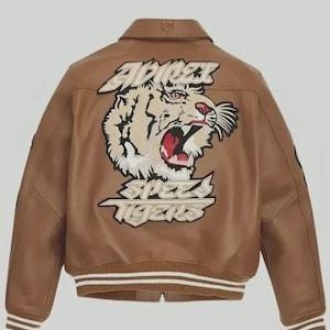 Men’s Brown Leather Bomber Jacket – Tiger Graphic Vintage Varsity Streetwear