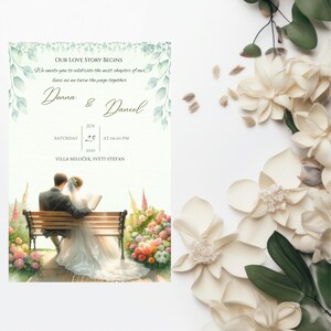 May include: Wedding invitation with watercolor illustration of a couple on a bench, surrounded by flowers. The invitation text reads "Our Love Story Begins" and includes the names Donna & Daniel, date, time, and location.