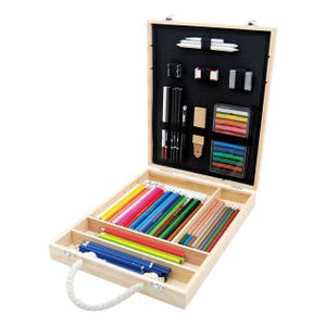 May include: Wooden art set containing coloured pencils, pastels, and art supplies. The set includes a carrying case with a handle and a black interior with various art tools.