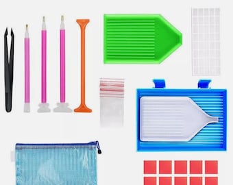 May include: A diamond painting kit with various tools and accessories. Includes black tweezers, pink and orange pens, green and blue trays, a clear bag, a mesh pouch, and red square adhesive pads. The kit is designed for crafting and DIY projects.