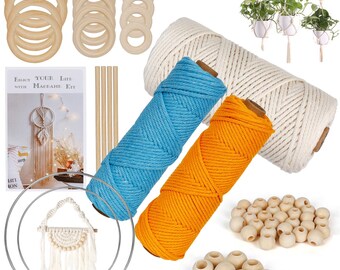 May include: Macrame craft kit with various supplies. Includes wooden rings, dowels, spools of white, blue, and orange macrame cord, wooden beads, and a macrame wall hanging. The kit also features a booklet with the text "Enjoy Your Life with Macrame Kit".