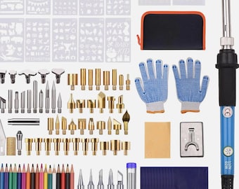 May include: A comprehensive wood burning kit with a blue soldering iron, stencils, various tips, colored pencils, and protective gloves. The kit includes a black and orange zippered case and a blue pad.