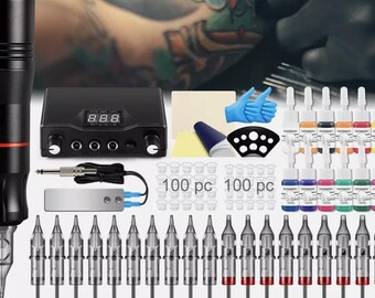 May include: A complete black tattoo kit with a rotary pen machine, power supply, and various accessories. Includes a selection of colored tattoo inks, needles, and ink caps. The kit also features a digital power supply with an LED display.