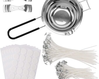 May include: A stainless steel candle melting pot with a black handle, metal wick centering devices, white wick stickers, and bundles of pre-waxed candle wicks. Candle making supplies.