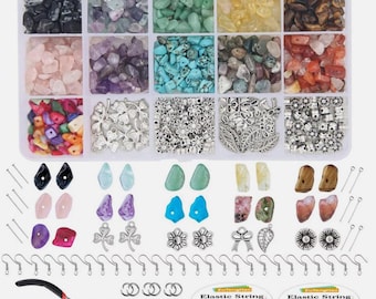 May include: A jewelry-making kit with a variety of colorful gemstones, beads, charms, earring hooks, and elastic string. The kit includes a plastic organizer with multiple compartments filled with different types of stones and beads.