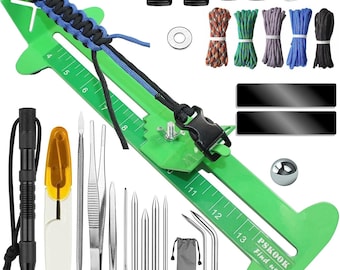 May include: A green paracord jig with a blue and black braided cord, measuring up to 13 inches. Includes black buckles, a carabiner, various colored cords, and tools for crafting.
